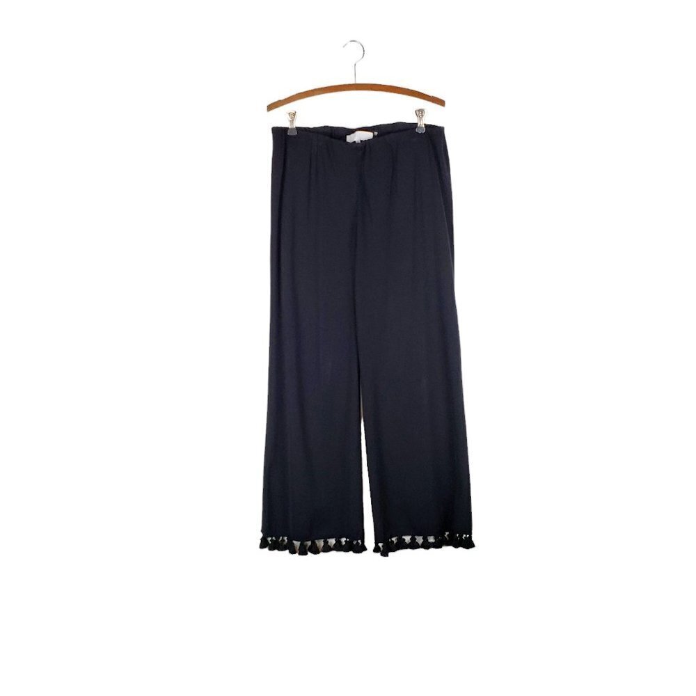 Misook Tassel Hem Pants Black Pull On Wide Leg Fringe Size Medium